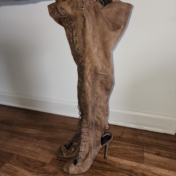 Taupe Thigh High Fabric Boots - Picture 1 of 4